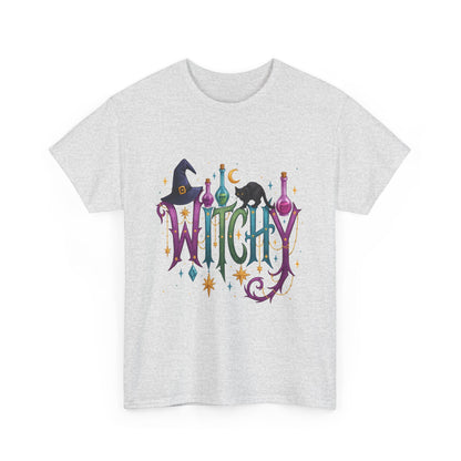 Witchy Graphic Tee — Colorful Witch Hat, Black Cat & Potion Bottles Halloween T-Shirt