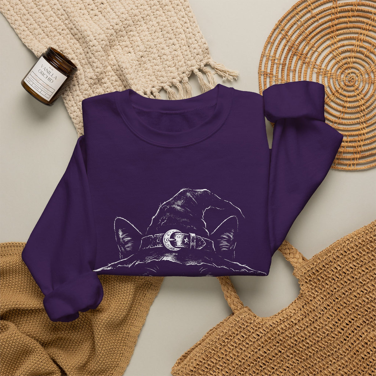 Witch Cat Crewneck Sweatshirt – Black Cat in Witch Hat Graphic