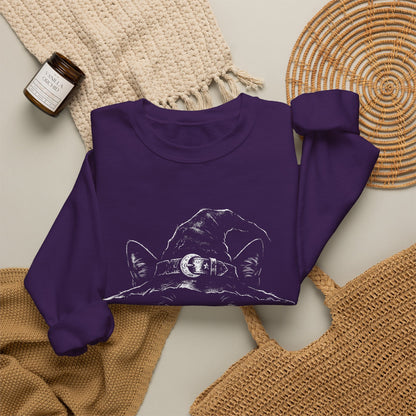 Witch Cat Crewneck Sweatshirt – Black Cat in Witch Hat Graphic