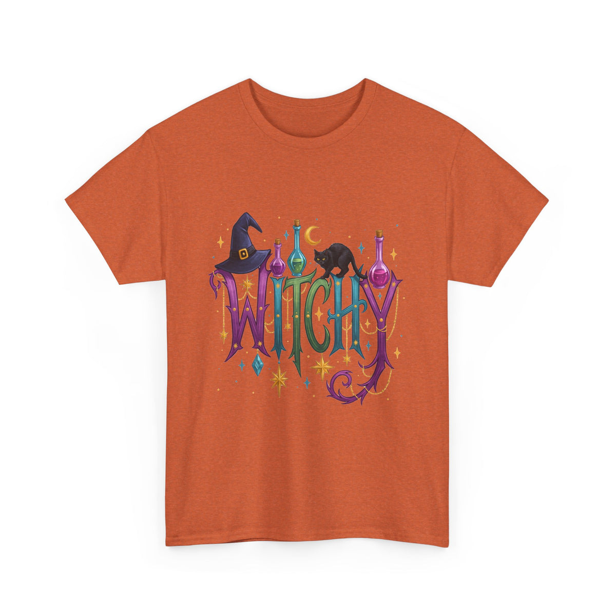 Witchy Graphic Tee — Colorful Witch Hat, Black Cat & Potion Bottles Halloween T-Shirt