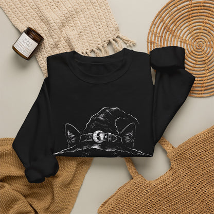 Witch Cat Crewneck Sweatshirt – Black Cat in Witch Hat Graphic