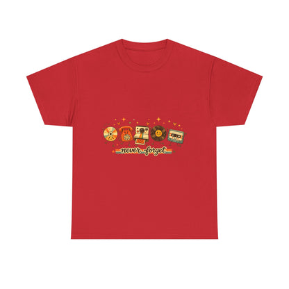 Retro Music Tee — "Never Forget" Vinyl, Cassette & CD Throwback Shirt