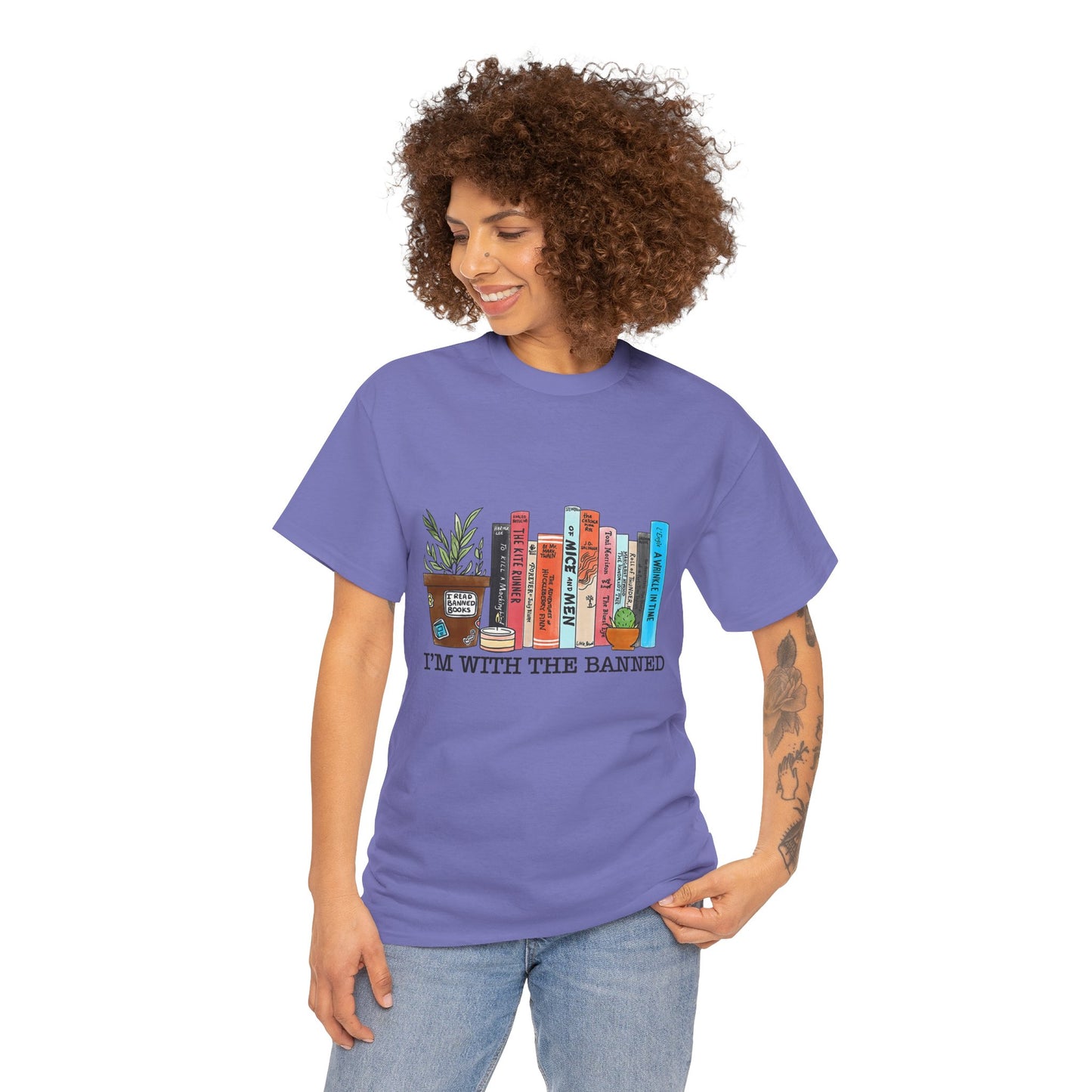 Book Lover T-Shirt — “I’m With the Banned” Illustrated Bookshelf Tee