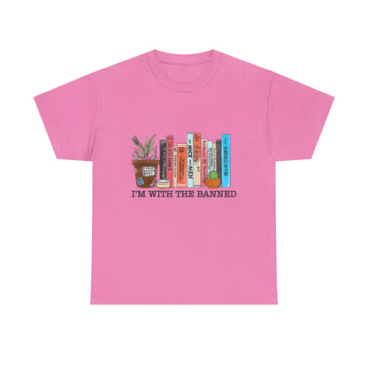 Book Lover T-Shirt — “I’m With the Banned” Illustrated Bookshelf Tee
