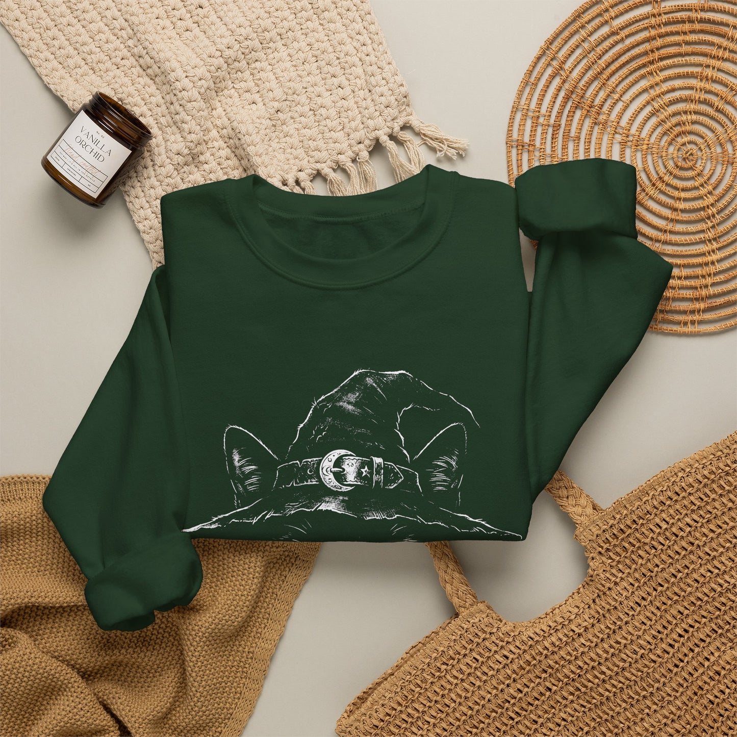 Witch Cat Crewneck Sweatshirt – Black Cat in Witch Hat Graphic