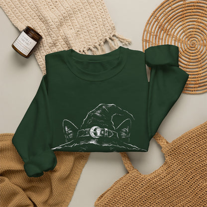Witch Cat Crewneck Sweatshirt – Black Cat in Witch Hat Graphic