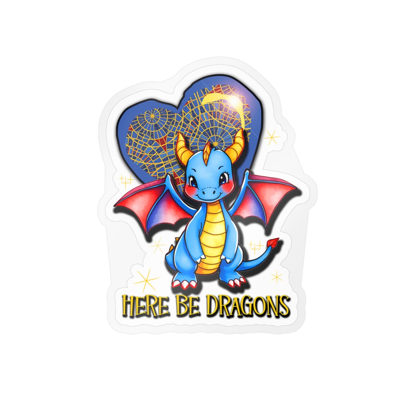 Here Be Dragons Kiss-Cut Vinyl Sticker — Cute Blue Dragon Decal for Laptops, Water Bottles & Windows