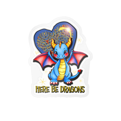 Here Be Dragons Kiss-Cut Vinyl Sticker — Cute Blue Dragon Decal for Laptops, Water Bottles & Windows