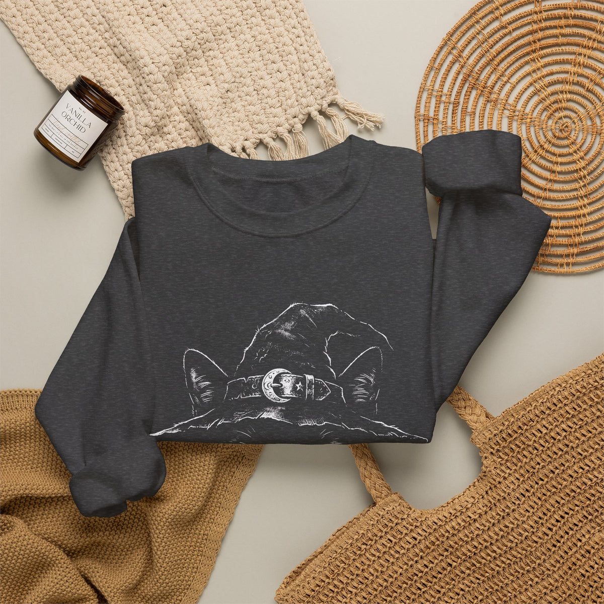 Witch Cat Crewneck Sweatshirt – Black Cat in Witch Hat Graphic