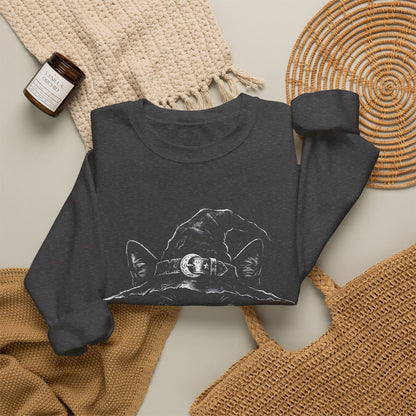 Witch Cat Crewneck Sweatshirt – Black Cat in Witch Hat Graphic