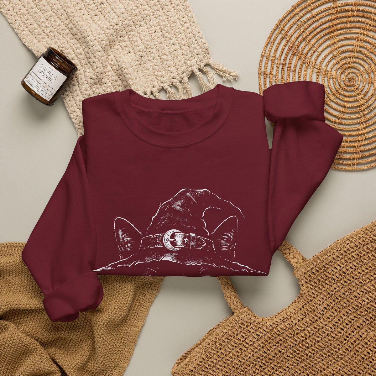 Witch Cat Crewneck Sweatshirt – Black Cat in Witch Hat Graphic