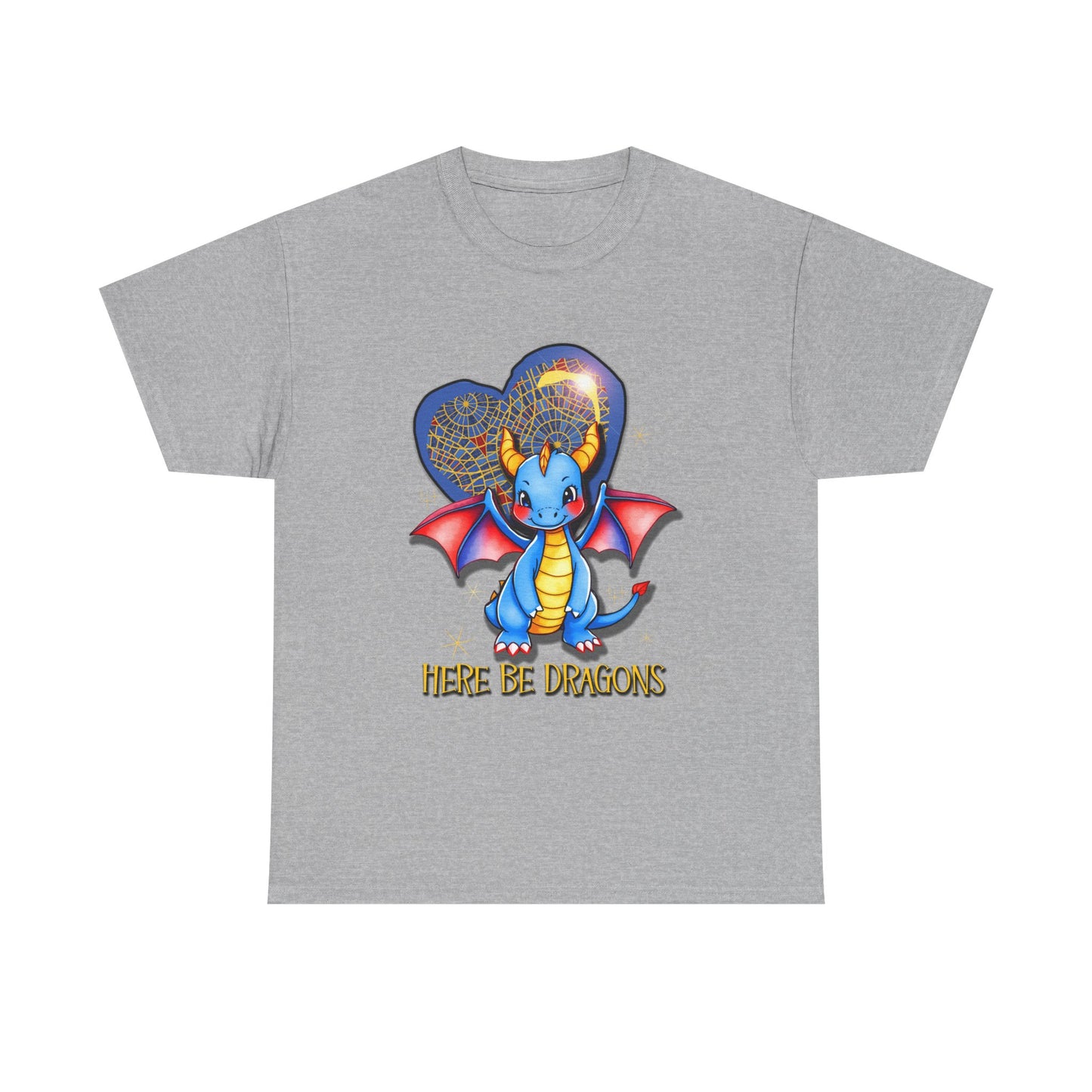 Dragon Heart T‑Shirt — Cute Blue Dragon 'Here Be Dragons' Tee