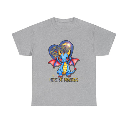 Dragon Heart T‑Shirt — Cute Blue Dragon 'Here Be Dragons' Tee