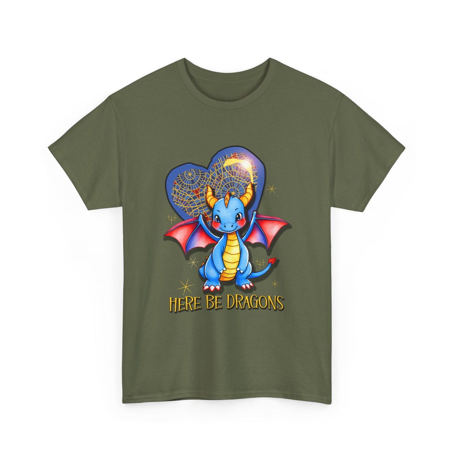 Dragon Heart T‑Shirt — Cute Blue Dragon 'Here Be Dragons' Tee