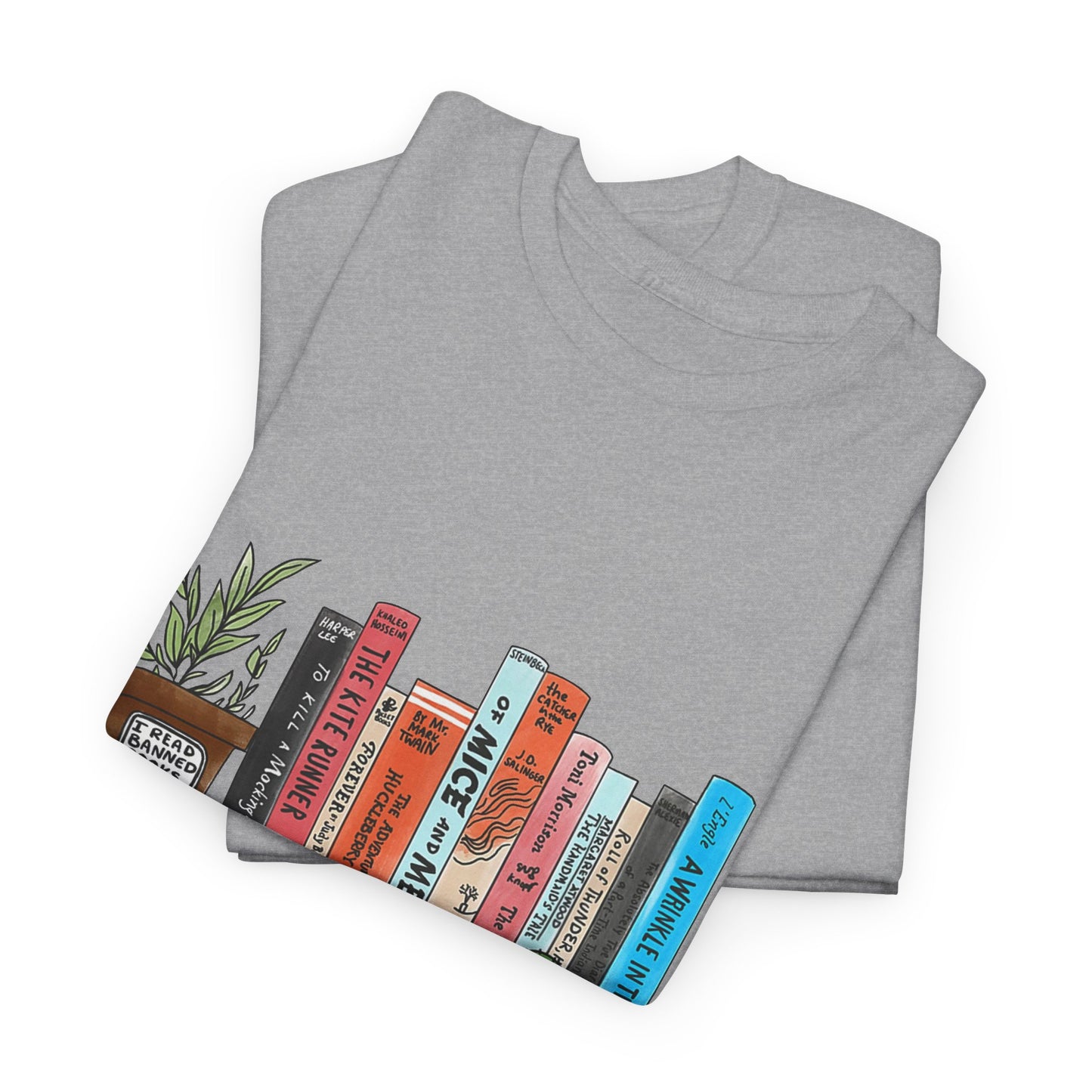 Book Lover T-Shirt — “I’m With the Banned” Illustrated Bookshelf Tee