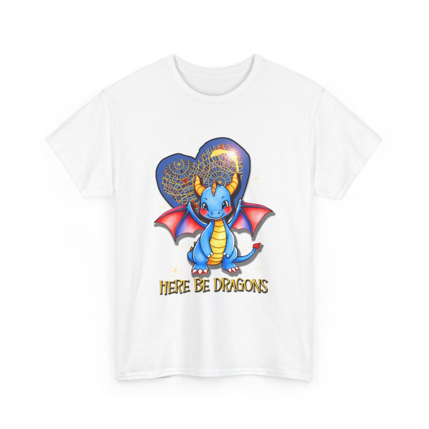 Dragon Heart T‑Shirt — Cute Blue Dragon 'Here Be Dragons' Tee