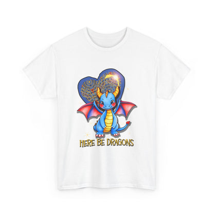 Dragon Heart T‑Shirt — Cute Blue Dragon 'Here Be Dragons' Tee