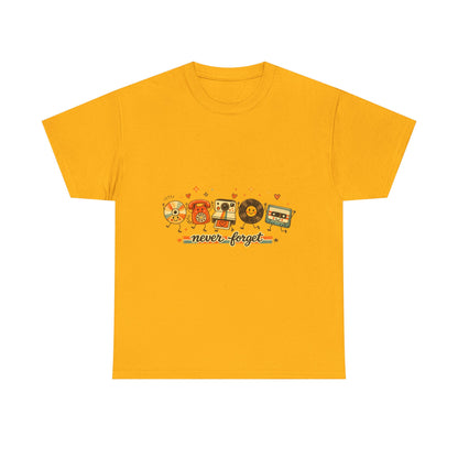 Retro Music Tee — "Never Forget" Vinyl, Cassette & CD Throwback Shirt