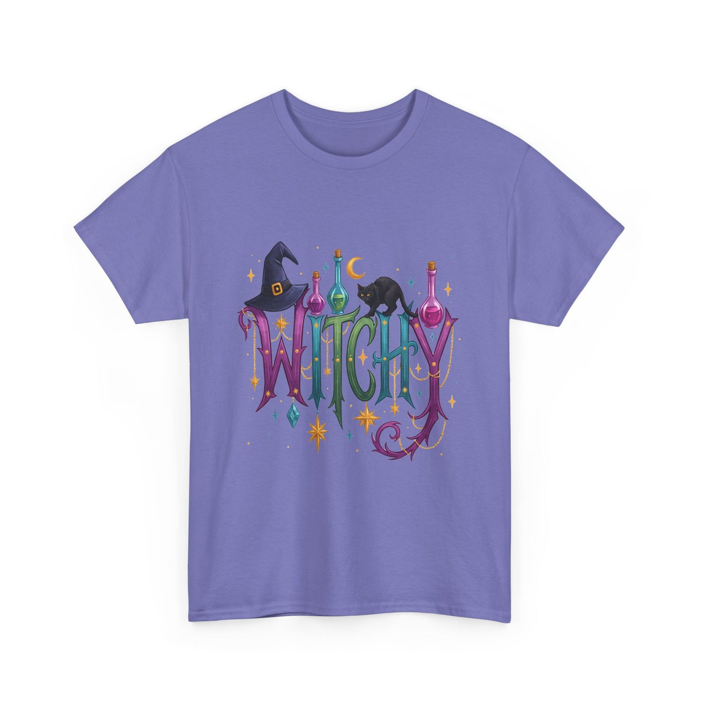 Witchy Graphic Tee — Colorful Witch Hat, Black Cat & Potion Bottles Halloween T-Shirt