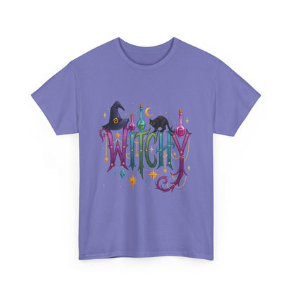 Witchy Graphic Tee — Colorful Witch Hat, Black Cat & Potion Bottles Halloween T-Shirt