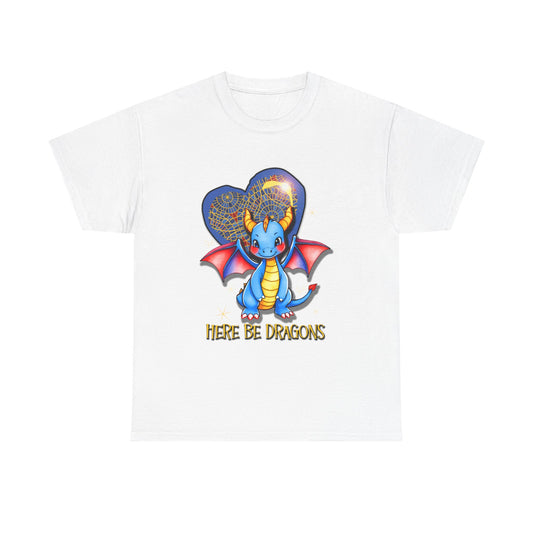 Dragon Heart T‑Shirt — Cute Blue Dragon 'Here Be Dragons' Tee