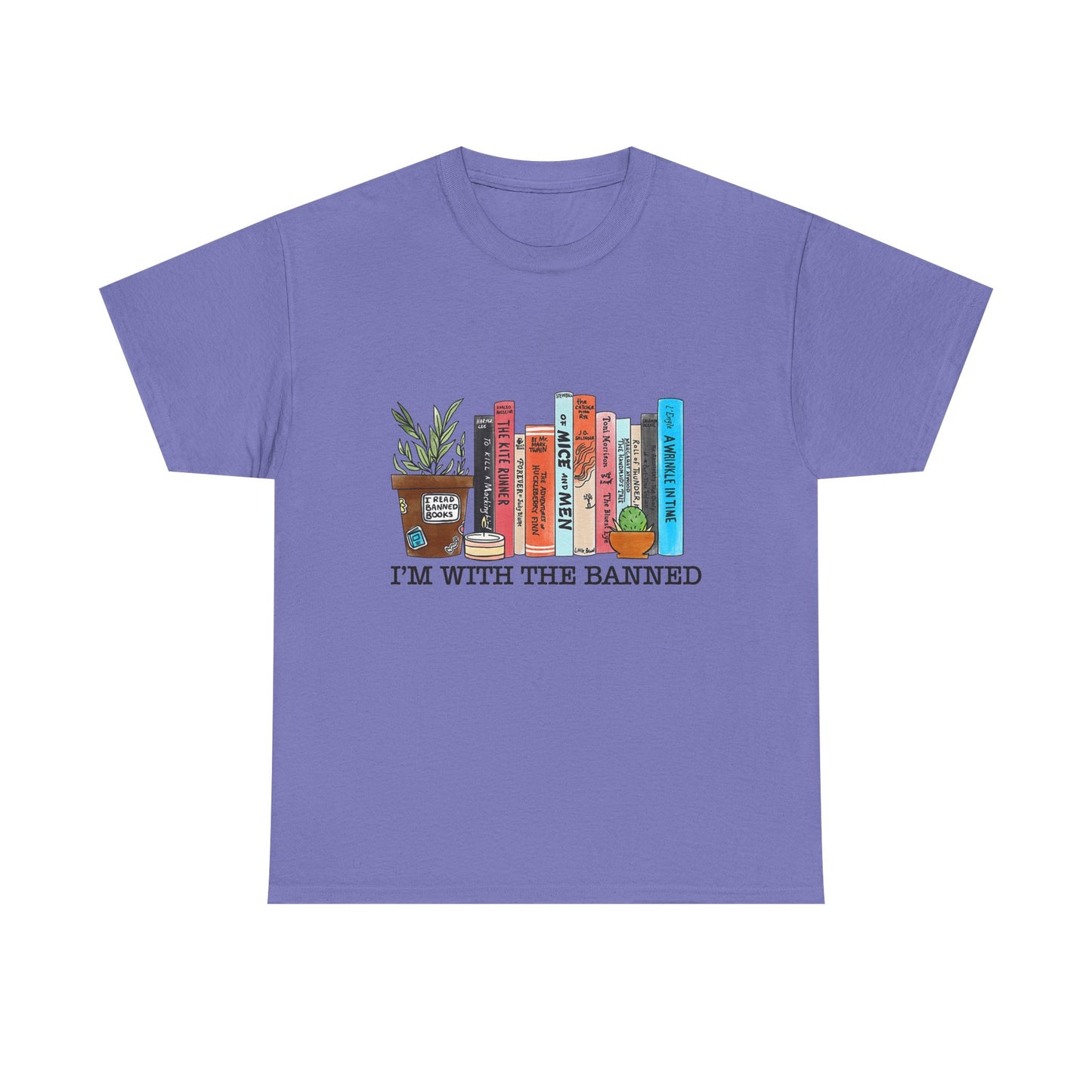 Book Lover T-Shirt — “I’m With the Banned” Illustrated Bookshelf Tee