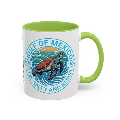 Customizable Gulf of Mexico Turtle Coffee Mug — "Stay Salty and Resist" Accent Ceramic Mug