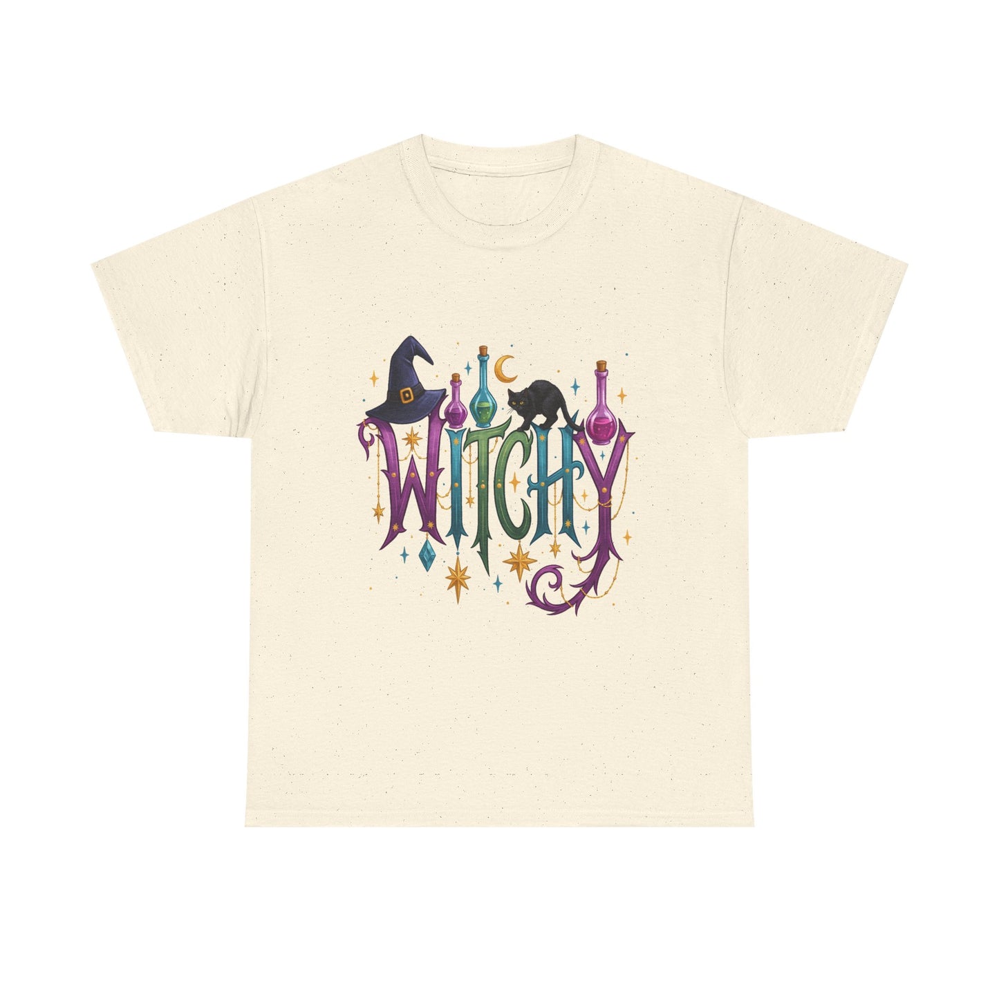 Witchy Graphic Tee — Colorful Witch Hat, Black Cat & Potion Bottles Halloween T-Shirt