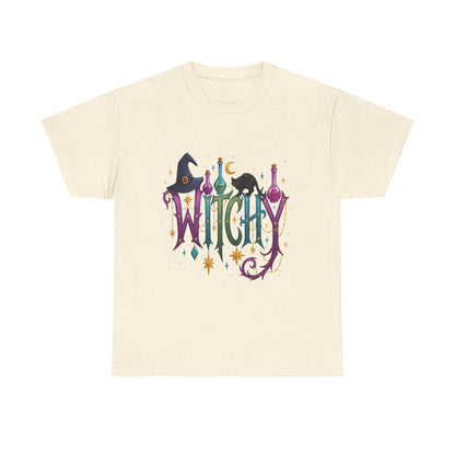 Witchy Graphic Tee — Colorful Witch Hat, Black Cat & Potion Bottles Halloween T-Shirt