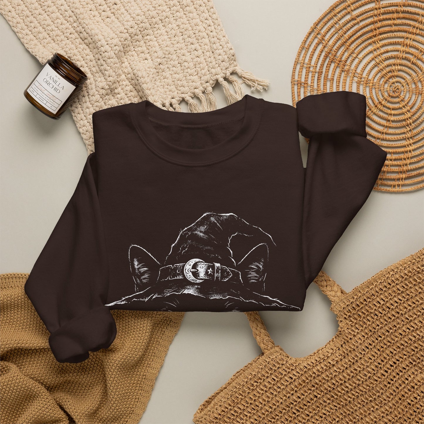 Witch Cat Crewneck Sweatshirt – Black Cat in Witch Hat Graphic