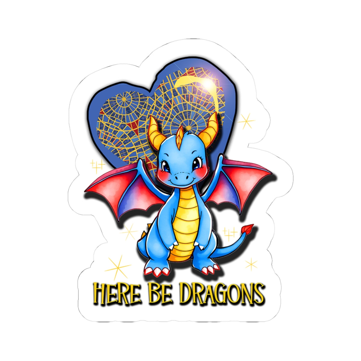 Cute Blue Dragon Kiss-Cut Sticker — "Here Be Dragons" Laptop Decal