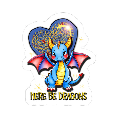 Cute Blue Dragon Kiss-Cut Sticker — "Here Be Dragons" Laptop Decal