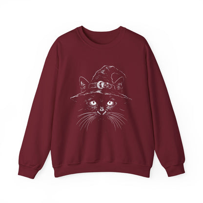 Witch Cat Crewneck Sweatshirt – Black Cat in Witch Hat Graphic