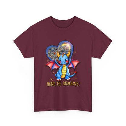 Dragon Heart T‑Shirt — Cute Blue Dragon 'Here Be Dragons' Tee