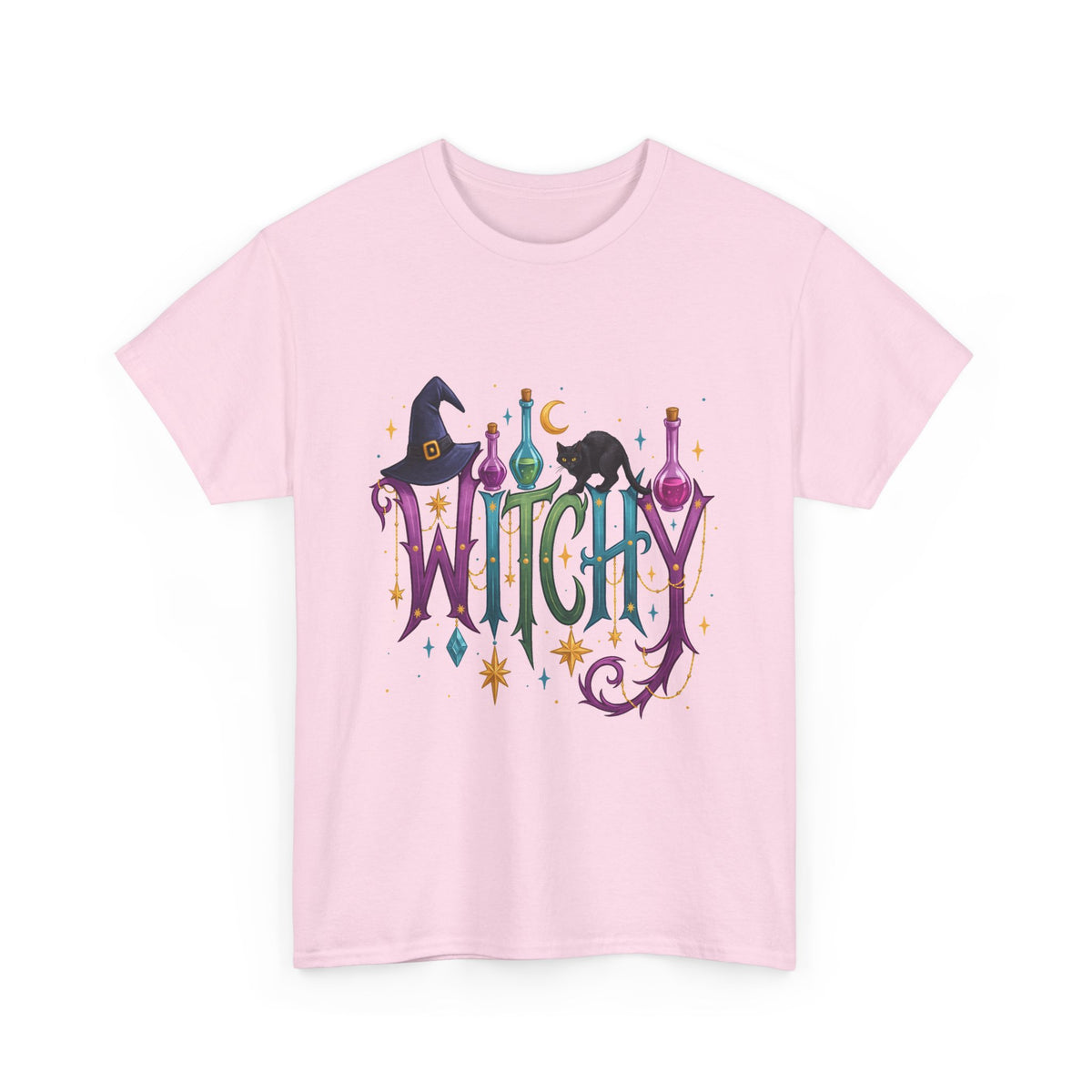 Witchy Graphic Tee — Colorful Witch Hat, Black Cat & Potion Bottles Halloween T-Shirt