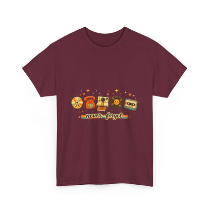 Retro Music Tee — "Never Forget" Vinyl, Cassette & CD Throwback Shirt