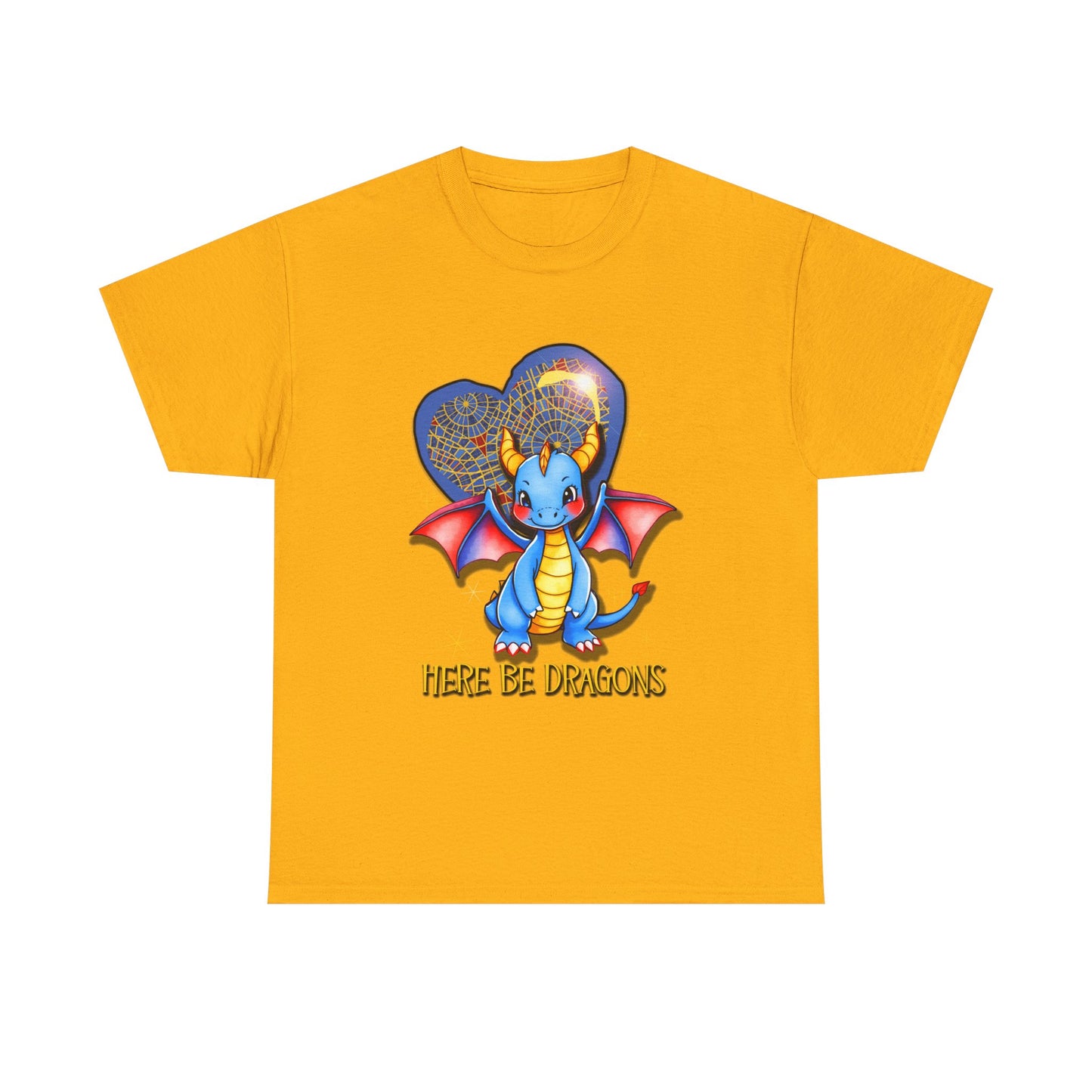 Dragon Heart T‑Shirt — Cute Blue Dragon 'Here Be Dragons' Tee