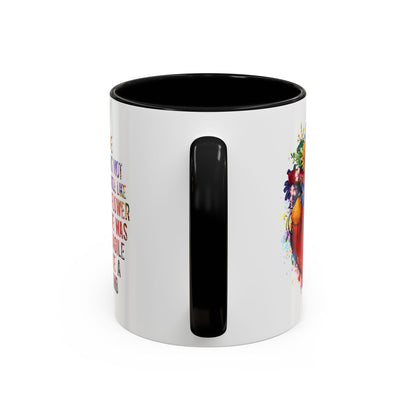Customizable Accent Coffee Mug — "She Was Not Fragile Like a Flower, She Was Fragile Like a Bomb" Colorful Heart Floral Design (11/15 oz)