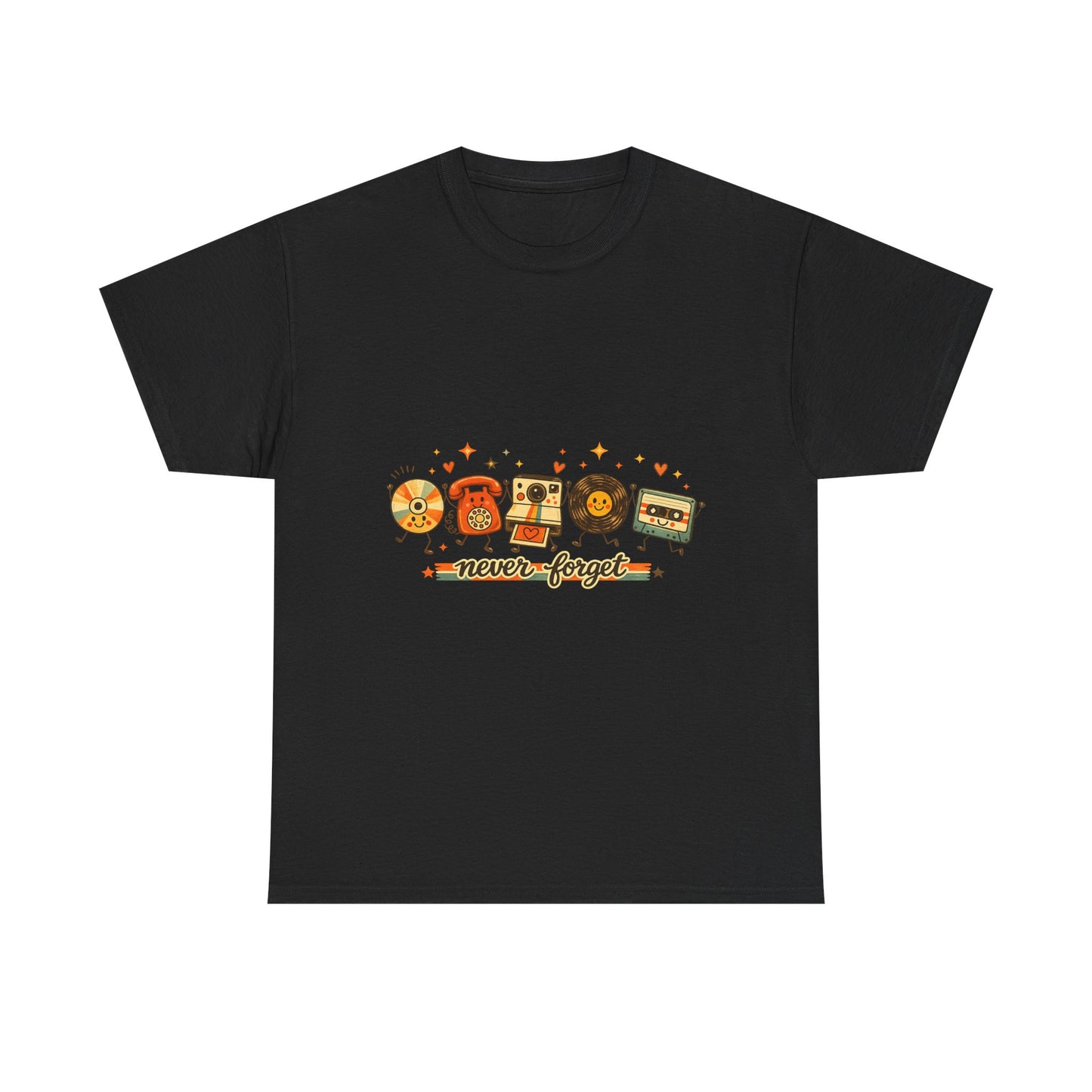 Retro Music Tee — "Never Forget" Vinyl, Cassette & CD Throwback Shirt