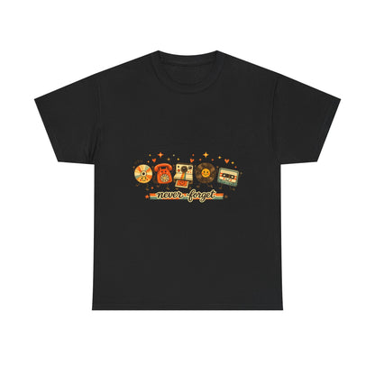 Retro Music Tee — "Never Forget" Vinyl, Cassette & CD Throwback Shirt