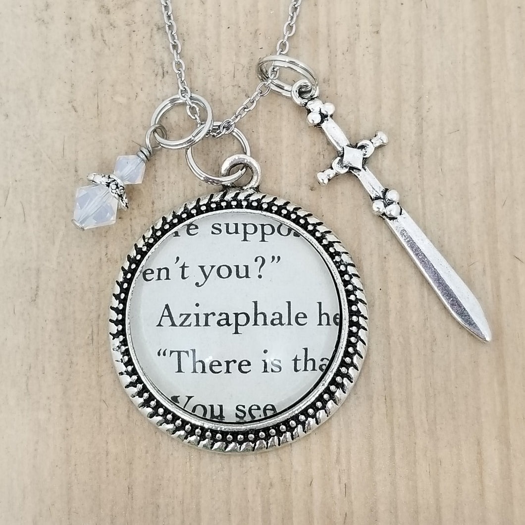 upcycled Good Omens book charm necklace